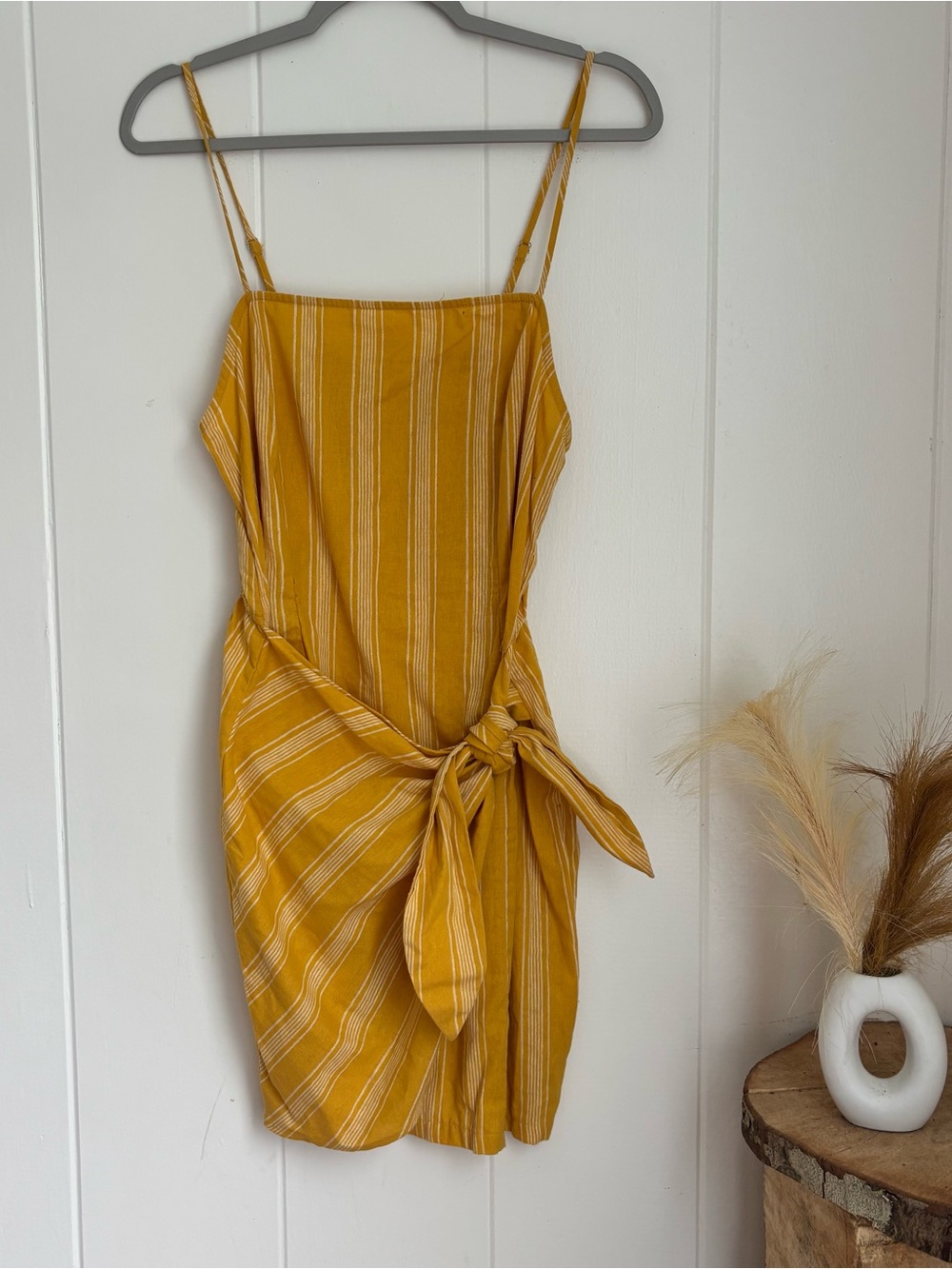 Striped Mustard Yellow Tie-Detail Mini Dress